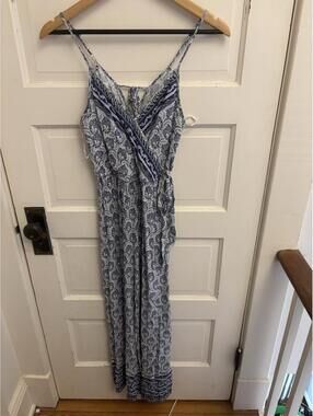 Japna Women’s Blue White Floral Sleeveless Romper Adjustable Tie Size Small